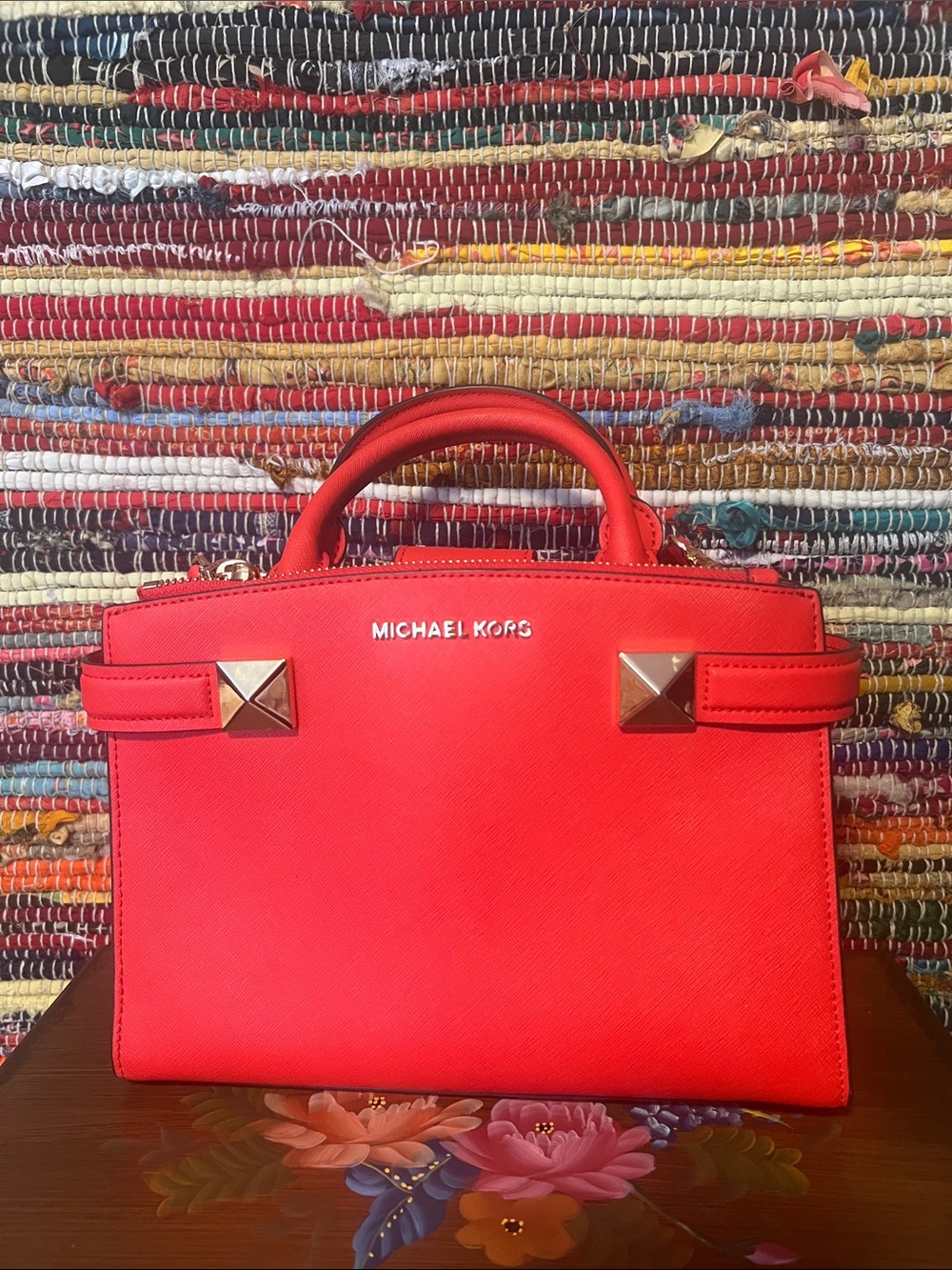 Michael Kors Red Saffiano Satchel with Gold Accents